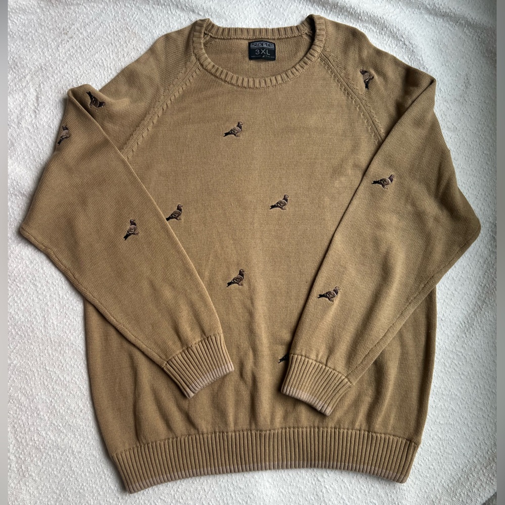 Staple Pigeon All-Over Embroidered Bird Knit Sweater Tan Brown 3XL